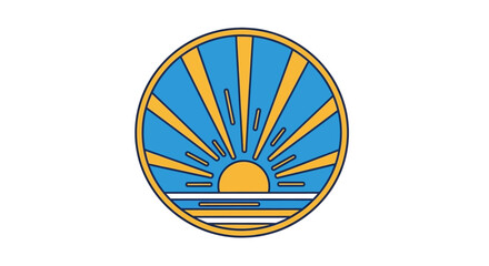 Minimalist circular emblem depicting a stylized rising sun over calm waters, radiating golden light, perfect for abstract branding or serene natural themes and concepts