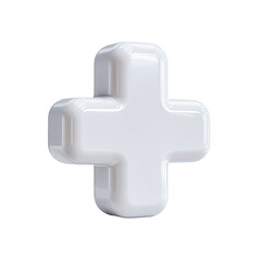A glossy, three-dimensional white plus symbol, rendered with subtly beveled edges and a smooth, reflective surface