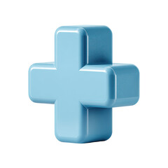 A light-blue, three-dimensional plus symbol rendered with a glossy, slightly pixelated texture, appearing soft and rounded