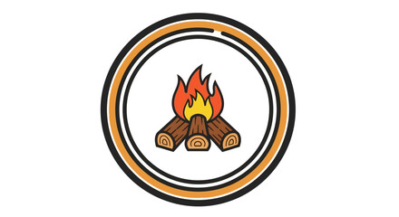 Vibrant campfire icon with stylized flames and stacked logs, encircled by a modern double border, representing warmth, outdoor adventure, and cozy gatherings