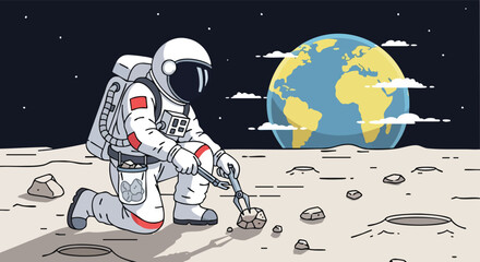 Astronaut on the Moon or an Asteroid Collecting Rock Samples with Pliers with the Earth Visible in the Background.