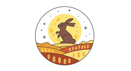 Whimsical illustration depicting a mythical moon rabbit silhouetted against a full moon above golden harvest fields, reflecting ancient Eastern folklore and tranquil autumnal nights