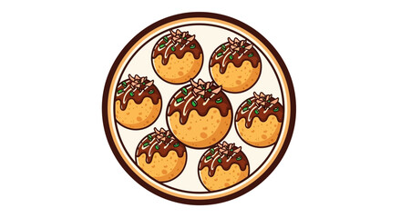 Delicious plate of traditional Japanese Takoyaki, savory fried octopus balls with a sweet and tangy sauce, perfect for an authentic Asian street food experience illustration