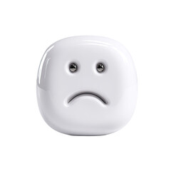 A glossy, off-white, rounded-square emoticon with a downturned mouth and small, dark eyes expressing sadness or disappointment