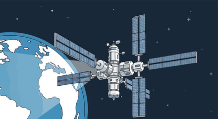 Detailed Drawing of a Scientific Space Station with Large Solar Panels Orbiting the Planet Earth.