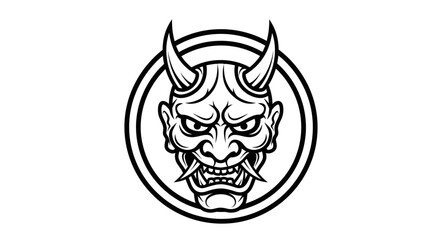 Striking Japanese Oni mask illustration, a powerful emblem of traditional folklore and ancient spiritual symbolism, presented within a bold circular vector design