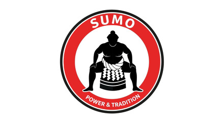 Dynamic graphic illustration capturing the essence of Japanese sumo wrestling, featuring a powerful wrestler silhouette within a bold, traditional emblem, symbolizing strength and cultural heritage