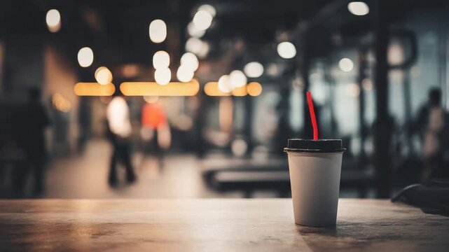 Refreshing Beverage on a Textured Surface with Blurred Gym Background.