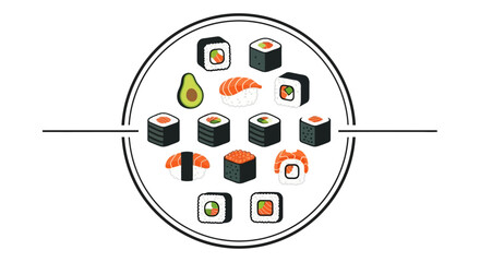 An appealing collection of diverse Japanese sushi rolls and nigiri, beautifully illustrated as a vibrant graphic design element for culinary and food-related projects
