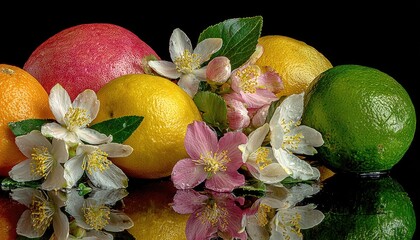 Colorful citrus fruits and flowers on a black surface