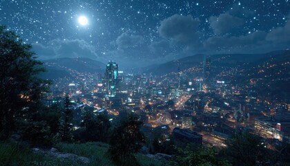 Night city lights, full moon, starry sky, mountain backdrop