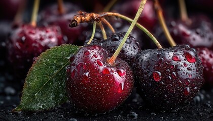 Close-up of wet cherries with leaves