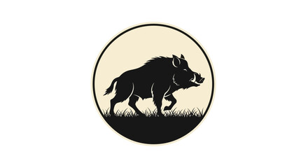 Powerful wild boar silhouette striding through natural terrain, captured within a minimalist circular frame, embodying strength and untamed wilderness in a classic graphic illustration