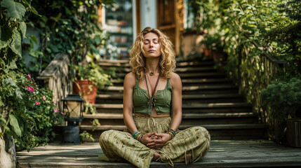 a beautiful woman meditates in a yoga pose outdoors on the wooden terrace of a tropical garden