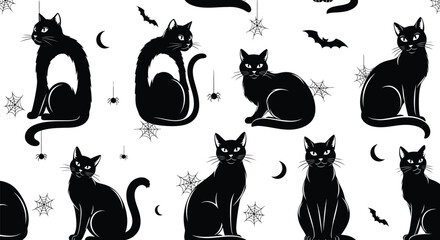 Seamless halloween pattern with black cats, bats, spider webs and moon vector illustration for wrapping paper