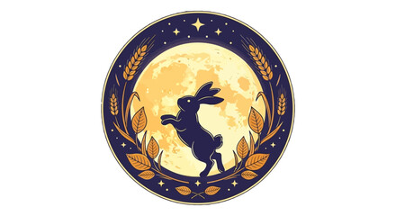Whimsical illustration of a lively rabbit jumping before a majestic full moon, framed by bountiful golden wheat, celebrating celestial beauty and harvest traditions