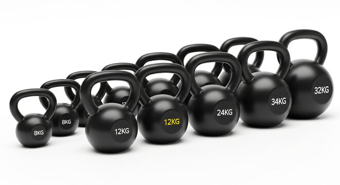 Row of black kettlebells with different weights isolated on white background, perfect for fitness, strength training, and gym equipment concepts