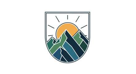 Stylized Mountain Landscape Emblem with a Vibrant Sunrise for Outdoor Exploration and Nature-Inspired Designs
