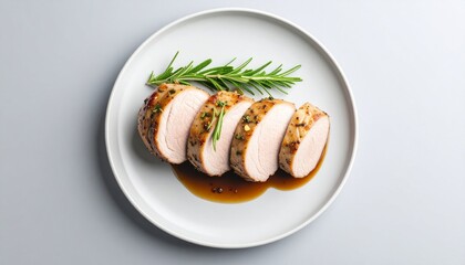 Sliced Rosemary Roasted Pork Tenderloin on Plate.