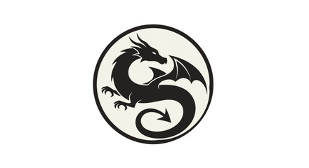 Powerful and mythical black dragon logo design, intricately curled within a circular frame, symbolizing strength, wisdom, and ancient fantasy concepts for various branding applications