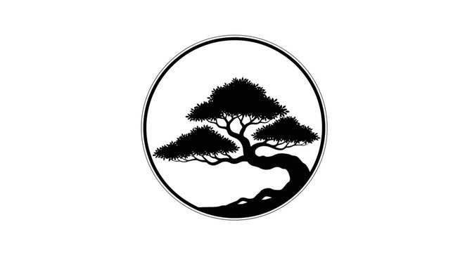 Black silhouette of a traditional Japanese bonsai tree, elegantly framed in a circle. This minimalist graphic illustration symbolizes balance, nature, and harmony, ideal for modern design