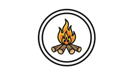 Stylized vector graphic icon of a classic campfire with bright, dancing flames and stacked wooden logs, ideal for outdoor adventure, camping, and warming nature-themed designs