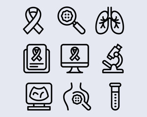 Collection of Cancer Awareness and Medical Research Icons Cancer Ribbon Screening Tools Lungs Ultrasound Research and Diagnosis Concepts