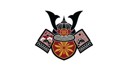 Intricate Japanese Samurai Helmet Illustration Emblem Reflecting Historical Warrior Culture and Traditional Asian Design Aesthetics on a White Background