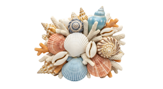 Collection of seashells and coral isolated on transparent background, creating a beautiful and intricate arrangement for coastal decor or crafts projects