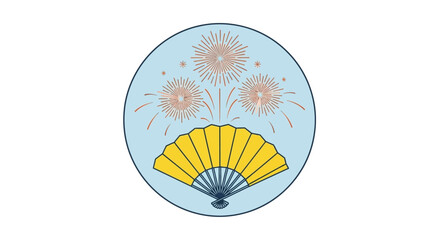A vibrant emblem celebrating traditional Japanese culture with a graceful folding fan and spectacular fireworks displays, perfect for festive designs and cultural events