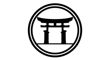 Stylized black and white illustration of a traditional Japanese torii gate emblem, representing cultural heritage and spiritual entry in a minimalist circular design