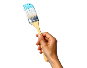 Hand holding a paintbrush with light-blue paint on the bristles