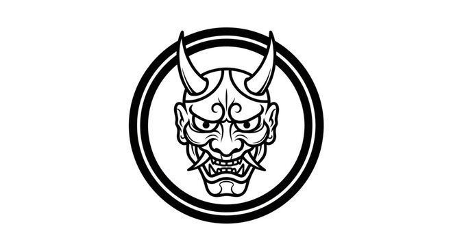 Intense black and white illustration of a traditional Japanese demon mask with prominent horns, capturing the essence of strength and ancient folklore within a bold circular emblem