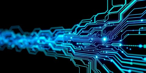 Abstract robotic circuitry, glowing blue and green lines on dark background,  code,  interface