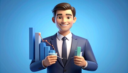 Smiling business character in blue suit presenting colorful bar and line graphs, symbolizing data analysis and financial growth.