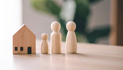 Wooden Family Figures with Miniature House Representing Home and Family Life.