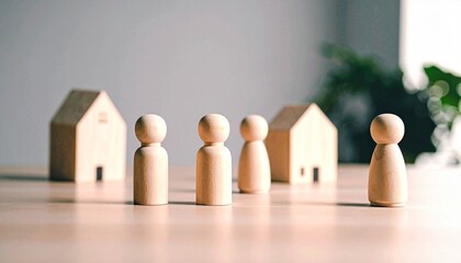 Wooden Figures and Miniature Houses Representing Community and Wellbeing.