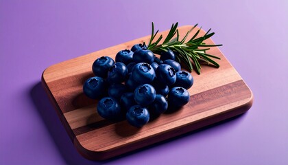 Juicy Blueberries and Rosemary Sprig on Wooden Board.