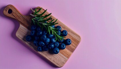 Fresh Blueberries and Rosemary on Wooden Cutting Board.