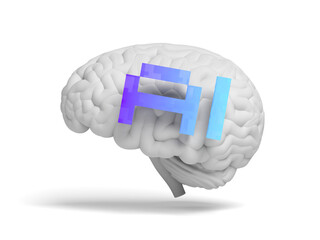 AI text and brain isolated on white background. Artificial intelligence. Blue and violet color. Pixel. Glassmorphism. 3d illustration.