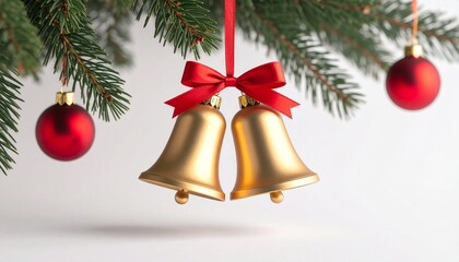 Golden Bells Hanging from Christmas Tree Branch with Red Ornaments.