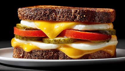 Melted cheese sandwich with eggs, tomatoes, and pickles