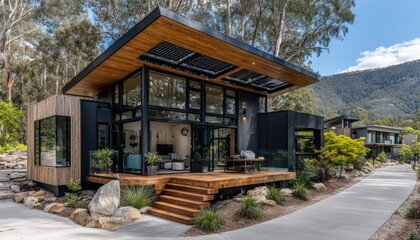 Modern cabin nestled in a wooded landscape