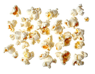 Scattered popcorn kernels, light beige color, against a black background