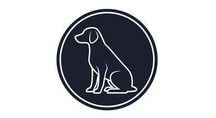 A simple and stylish white line art illustration of a sitting dog, framed within a dark circle, creating a clean and modern pet icon perfect for logos and branding