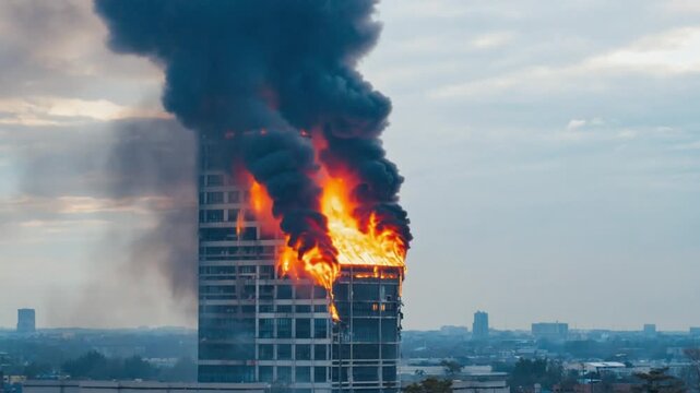 Dramatic skyscraper engulfed in flames and smoke, a powerful visual representing crisis management, emergency response, and urban disaster scenarios.