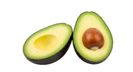 Two avocado halves, isolated on transparent background, one with seed, showcasing the creamy texture and vibrant green color of this healthy fruit