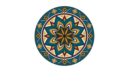 Intricate decorative mandala design featuring vibrant geometric patterns and a central floral motif, perfect for cultural and spiritual themes and backgrounds