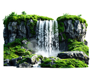 Lush waterfall cascading over mossy, dark-gray cliffs