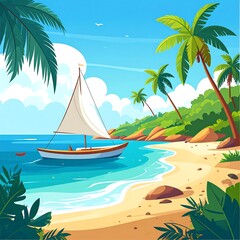 Tropical beach scene with sailboat